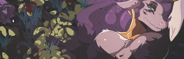 Sucker for Love: Date to Die For key art: Rhok'zan, a goat-headed woman with curling purple hair and a gold collar, among dark leaves