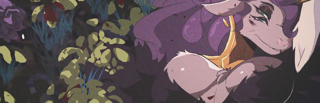Sucker for Love: Date to Die For key art: Rhok'zan, a goat-headed woman with curling purple hair and a gold collar, among dark leaves