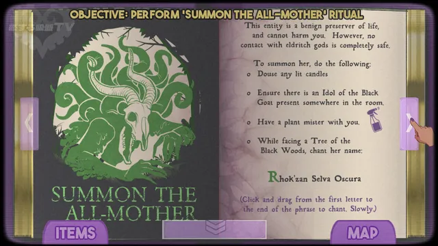 The spellbook open to the Summon the All-Mother ritual, listing steps beside a green drawing of a goat skull and tentacles