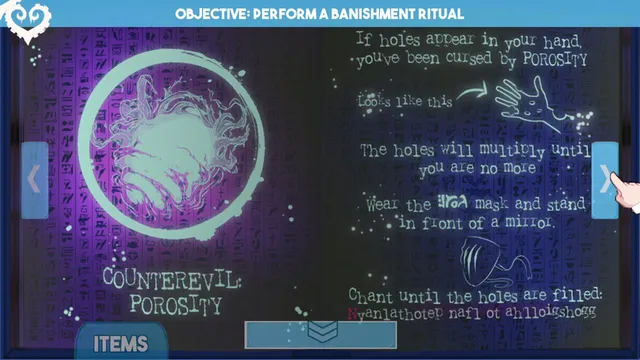 Sucker for Love: First Date screenshot: a Necronomicon page describing a banishment ritual for a curse that puts holes in your hand