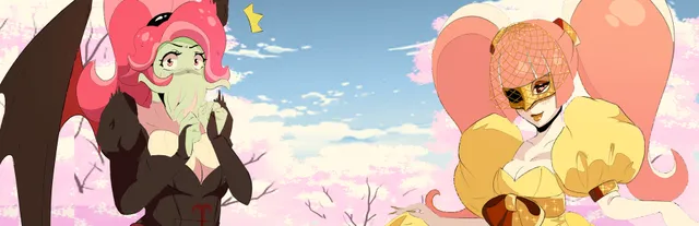 Sucker for Love: First Date key art: Ln'eta, a green Cthulhu-like girl with pink hair and bat wings, beside the masked Estir in a yellow dress under cherry blossoms