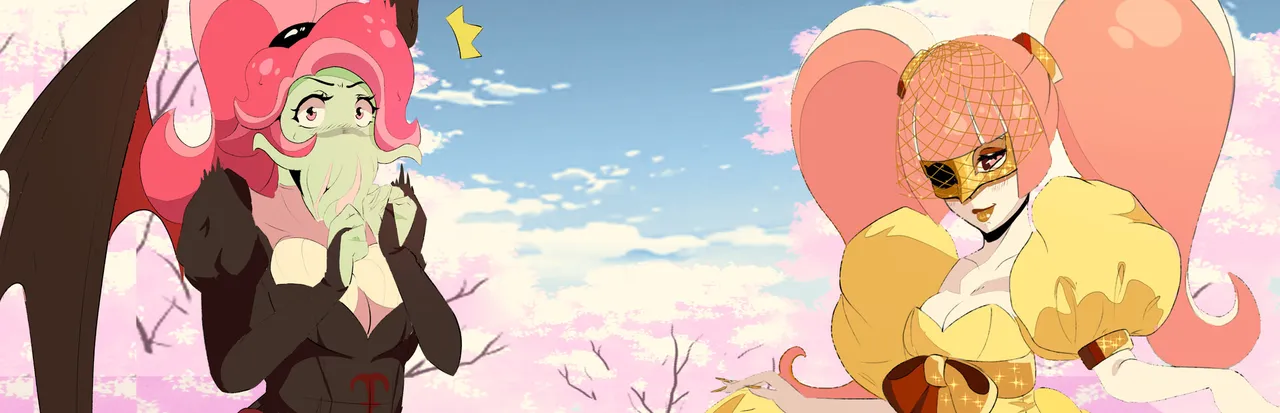 Sucker for Love: First Date key art: Ln'eta, a green Cthulhu-like girl with pink hair and bat wings, beside the masked Estir in a yellow dress under cherry blossoms