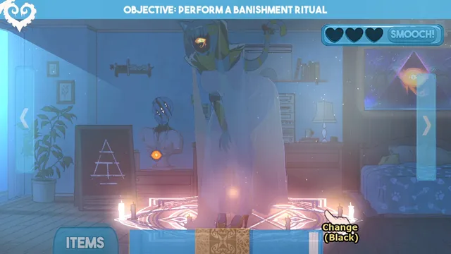 Sucker for Love: First Date screenshot: a cloaked eldritch figure appears in a blue-lit bedroom above a glowing ritual circle of candles