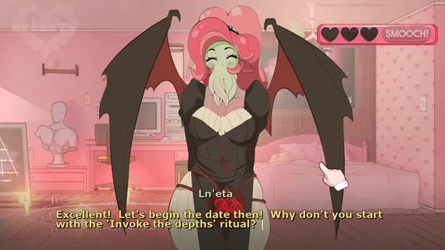 Sucker for Love: First Date screenshot: Ln'eta stands in a pink bedroom asking you to begin the Invoke the Depths ritual, a heart meter at the top