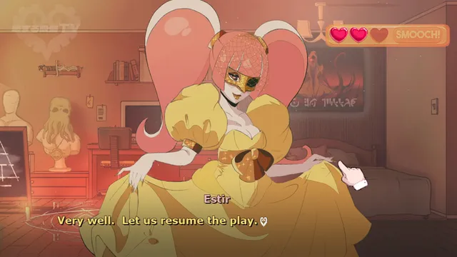 Sucker for Love: First Date screenshot: Estir, in a golden mask and yellow dress, stands in the bedroom saying let us resume the play