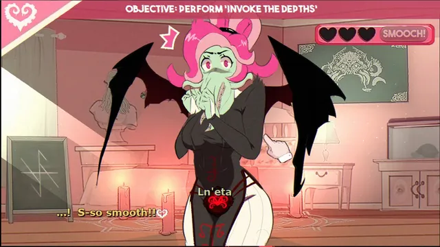 Ln'eta, a pink-haired girl with a green tentacled face and black wings, blushing in a pink bedroom, with the objective Perform Invoke the Depths