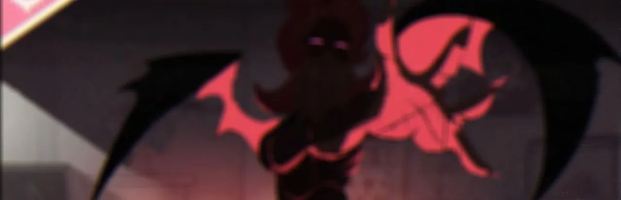 Sucker for Love: Prelude key art: Ln'eta as a dark shadow with glowing eyes and spread black wings in a red-lit room