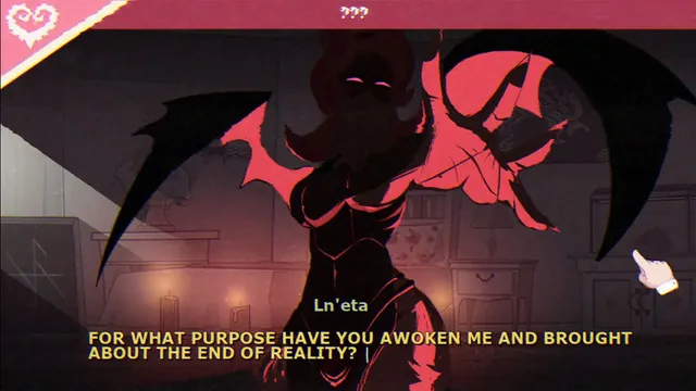 Ln'eta in shadow with glowing eyes asking For what purpose have you awoken me and brought about the end of reality