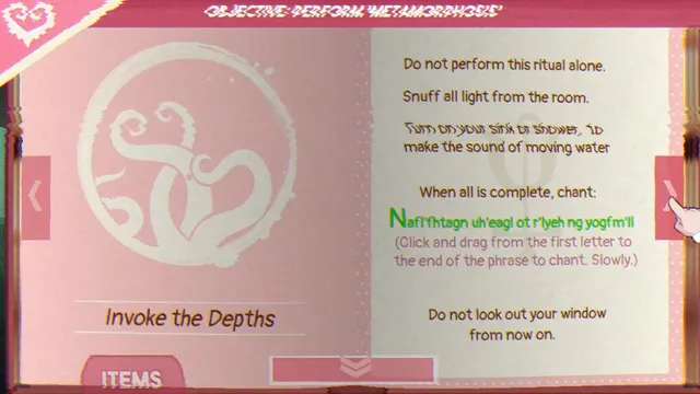 A page of the pink Necronomicon with the ritual Invoke the Depths: snuff all light, run the sink, chant, and do not look out your window