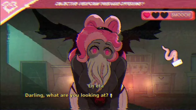 Ln'eta leaning close with glowing pink eyes in a dim bedroom, asking Darling, what are you looking at?