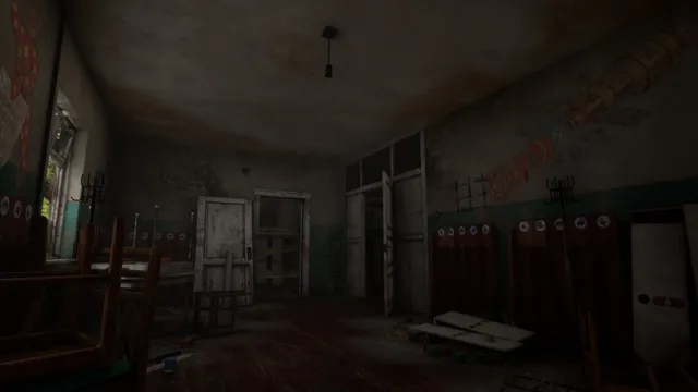 Summer of '58 screenshot: a decaying hallway with Soviet posters and toppled chairs