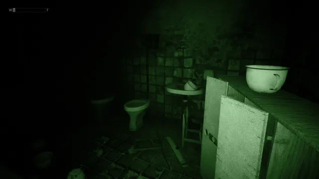 Summer of '58 screenshot: a washroom seen through green night vision, a bowl on a broken cupboard