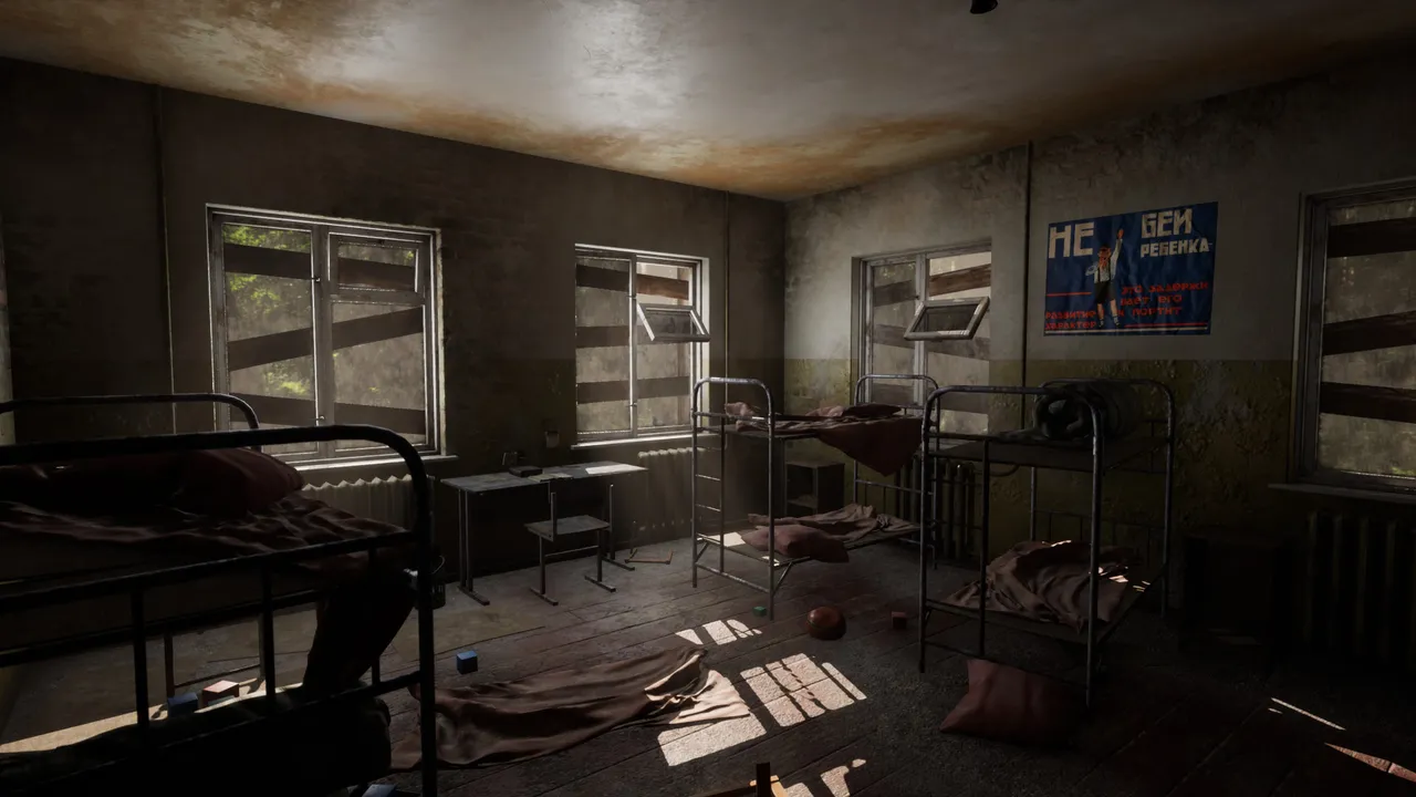 Summer of '58 screenshot: a sunlit dormitory of rusty bunk beds and torn bedding in the abandoned camp