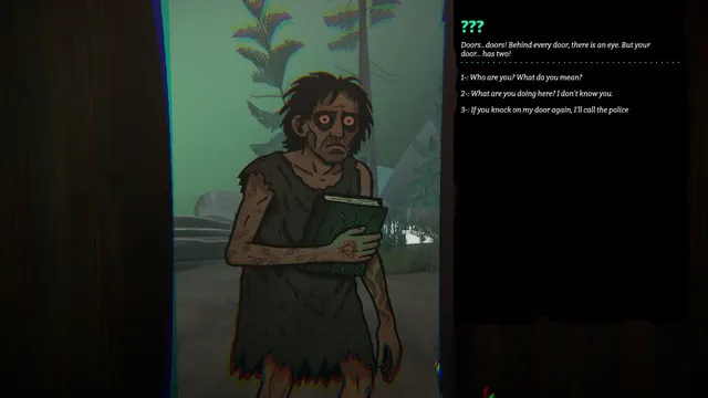 Sunken Engine screenshot: a ragged, staring man holding a book at a doorway, speaking about doors and eyes