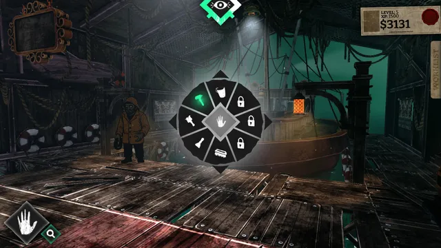 Sunken Engine screenshot: a dim wooden repair dock with a boat and a man in a yellow raincoat, with the tool wheel open
