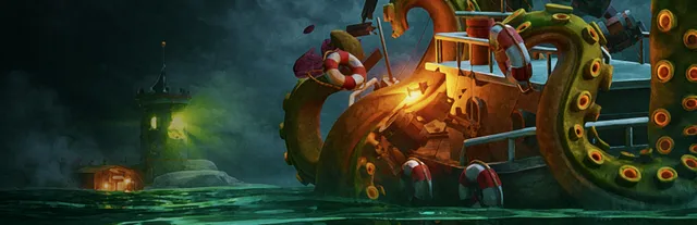 Sunken Engine art: huge spotted tentacles wrap around a small ship at night, with a lit lighthouse on the shore behind