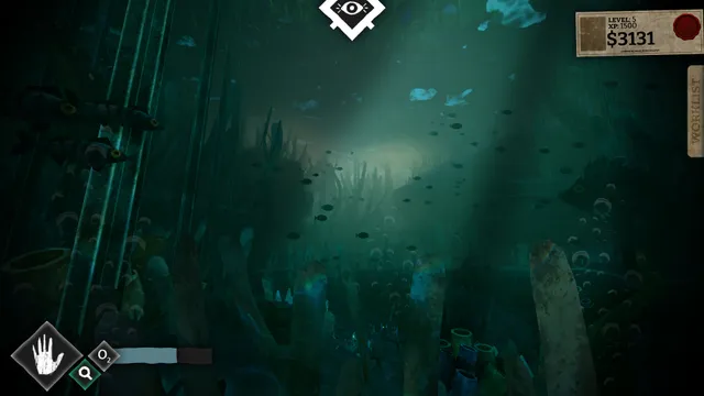 Sunken Engine screenshot: green, murky water beneath the docks with shafts of light and drifting fish