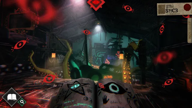 Sunken Engine screenshot: an open book marked with an eye and a pentagram, with tentacles and red staring eyes filling the workshop