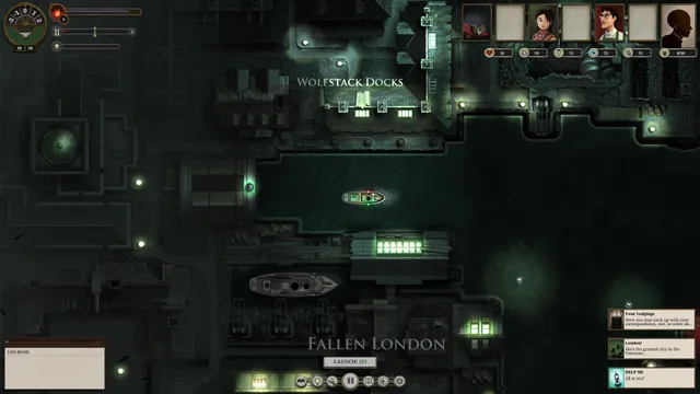 Sunless Sea screenshot: the player's ship leaves Wolfstack Docks in Fallen London, lit windows along the dark harbour