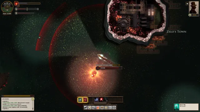 Sunless Sea screenshot: the ship fights a Glorious Dreadnought near Zelo's Town, red firing arcs across the dark water