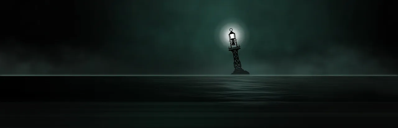 Sunless Sea key art: a lone lit buoy leans out of a flat dark sea under a green-black sky