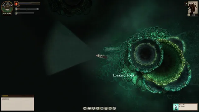 Sunless Sea screenshot: the ship's lamp lights the way toward Lorkin's Port, a huge glowing green coral-like island