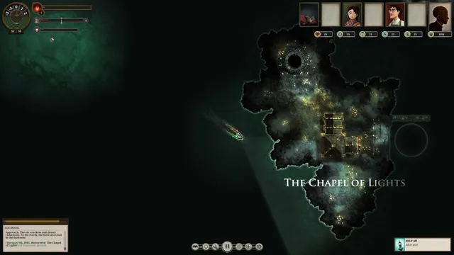 Sunless Sea screenshot: a small steamship approaches the Chapel of Lights, a dark island dotted with candles, on a black sea