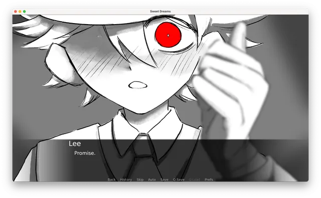 Sweet Dreams screenshot: a close-up of Lee with one wide red eye and a blushing face, saying 'Promise'