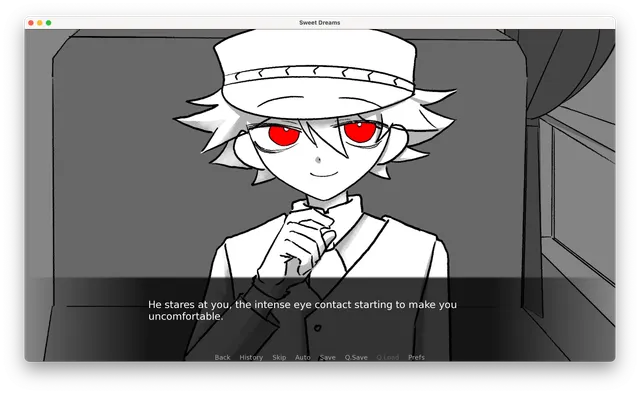 Sweet Dreams screenshot: Lee sits opposite on the train and stares, the text saying his intense eye contact is making you uncomfortable