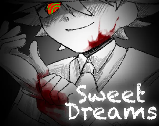 Sweet Dreams itch.io cover: a greyscale sketch of a smiling young man with one red spiral eye and blood on his mouth and hand