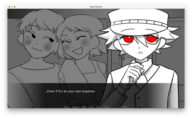 Sweet Dreams screenshot: Lee, a white-haired young man in a cap with red eyes, clutches his collar beside two smiling passengers as the text reads 'Even if it's at your own expense'