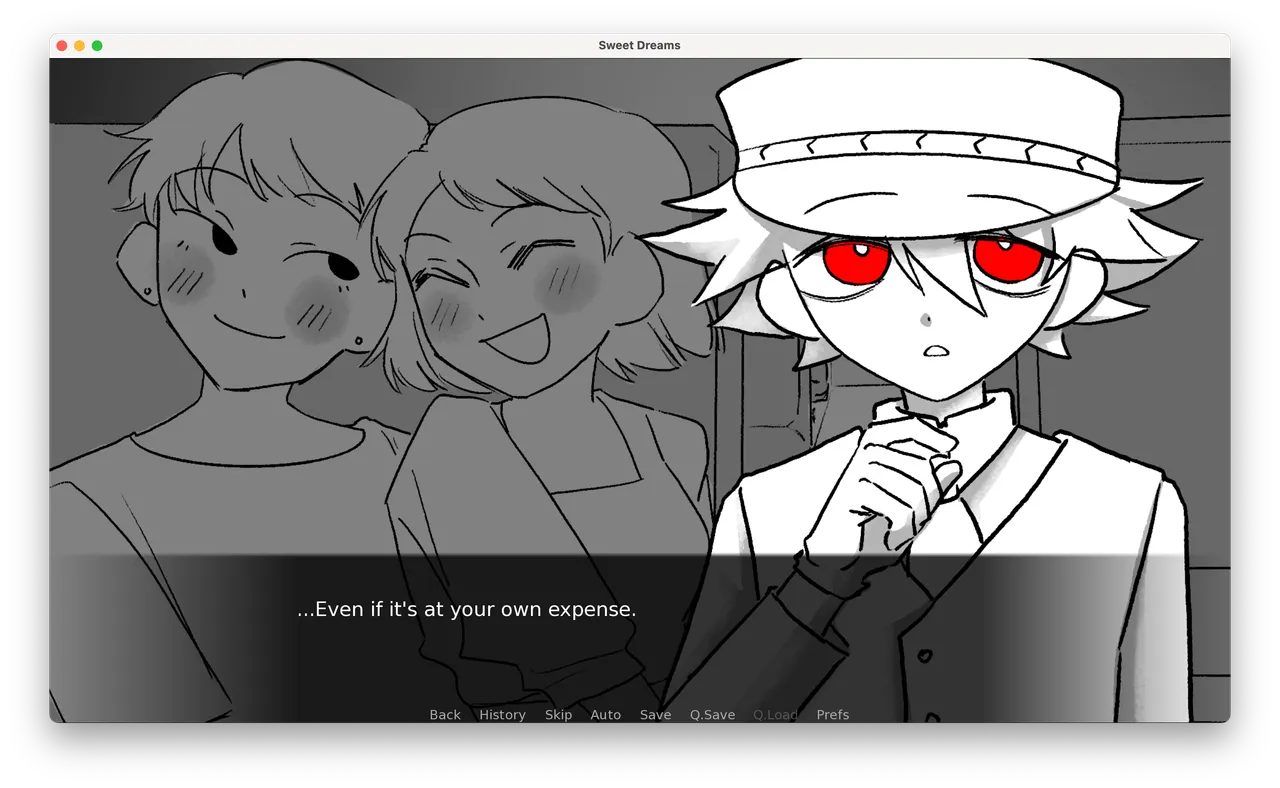 Sweet Dreams screenshot: Lee, a white-haired young man in a cap with red eyes, clutches his collar beside two smiling passengers as the text reads 'Even if it's at your own expense'