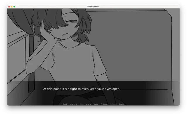 Sweet Dreams screenshot: the drowsy player character leans on a train window, fighting to keep their eyes open