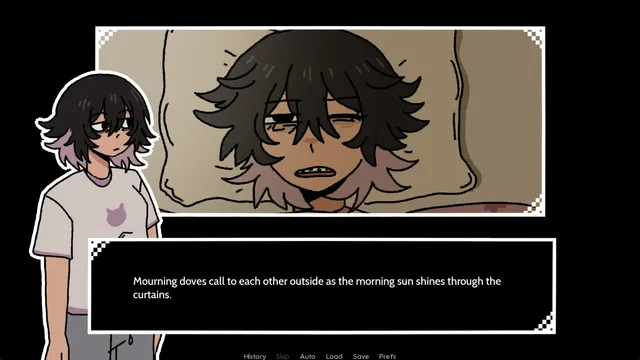 Bea waking in bed in the morning, captioned Mourning doves call to each other outside