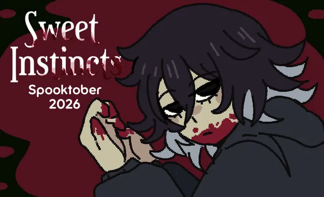 sweet instincts cover: a dark-haired girl with blood on her mouth and fingers, under the title and Spooktober 2026