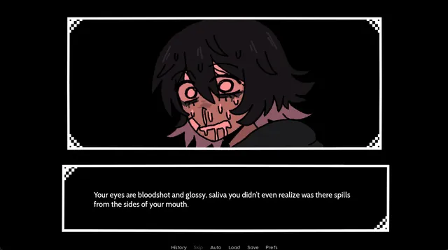 Bea with bloodshot eyes and saliva at her mouth, captioned Your eyes are bloodshot and glossy