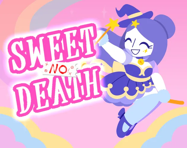 Sweet No Death cover art: Stella the witch in a purple dress flying on a broom beside the pink title on a pastel rainbow sky