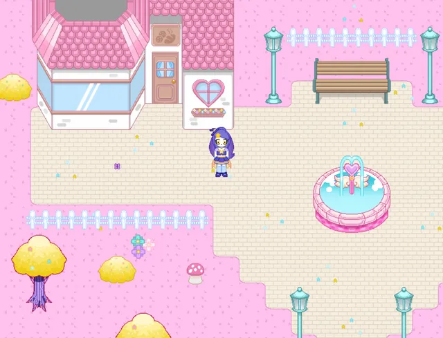 Sweet No Death screenshot: Stella in a pastel town square with a heart-shaped fountain, lamp posts and a shop