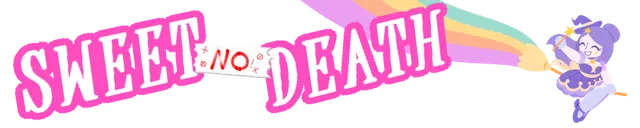 Sweet No Death logo in pink letters with Stella flying on a rainbow