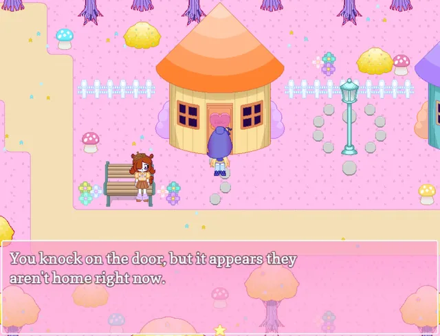 Sweet No Death screenshot: Stella at the door of a mushroom-roofed house in the pink village, finding nobody at home