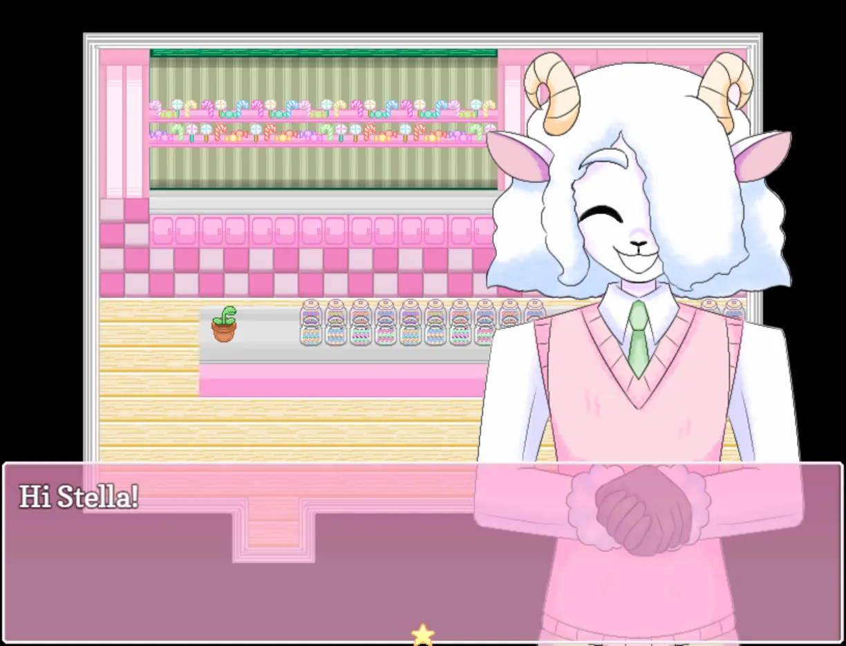 Sweet No Death screenshot: Lambchop the lamb in a pink sweater vest smiling in his candy shop as he says Hi Stella