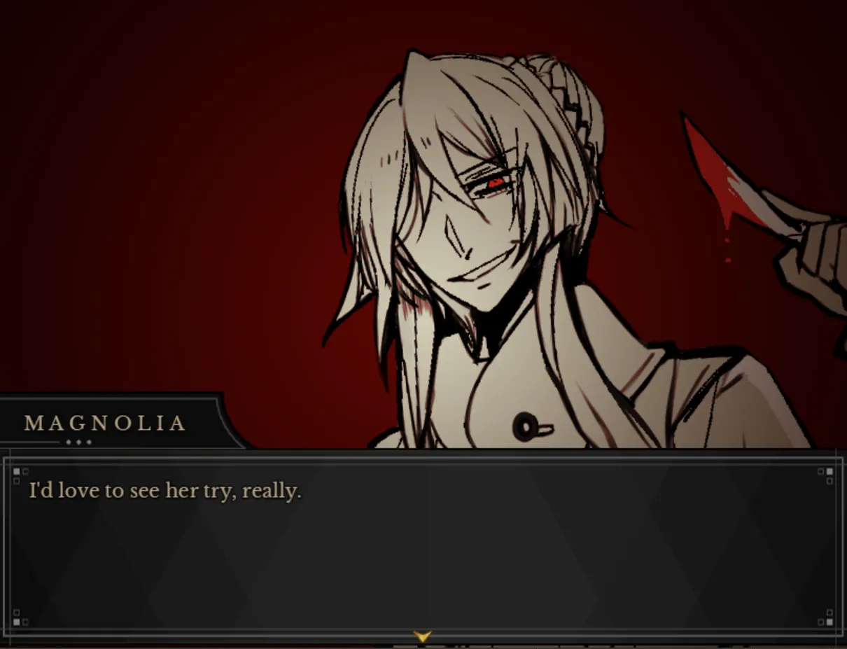 Magnolia smiles in close-up, holding a knife dripping with blood, against a red background