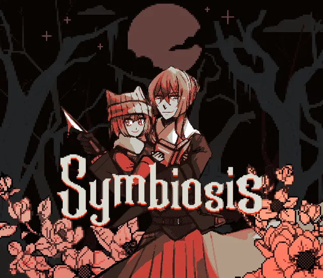 Symbiosis title art: the witch Magnolia and her son Mint, holding a bloody knife, among dead trees and pink flowers under a red moon