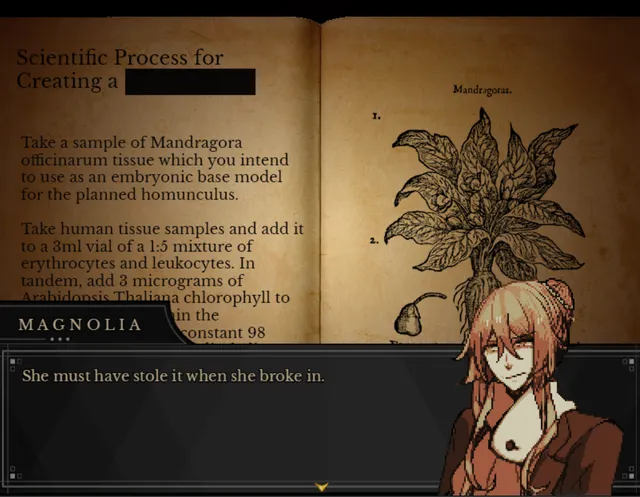 A book page of scientific notes on creating a homunculus from mandrake and human tissue, with Magnolia's portrait