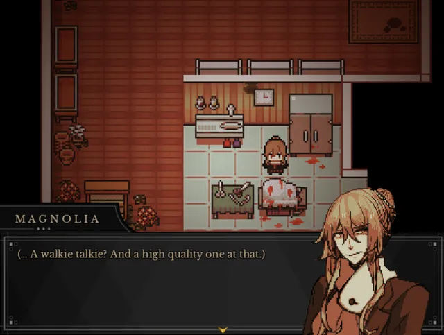 Magnolia stands in a top-down pixel-art kitchen with blood spattered across the floor and table