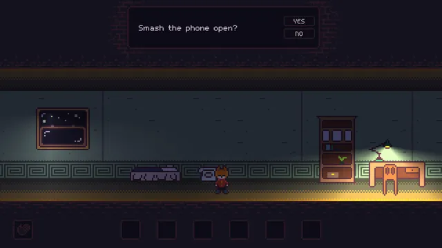 SYNTAXIA screenshot: a dim side-view corridor with a desk lamp and shelves, asking whether to smash the phone open