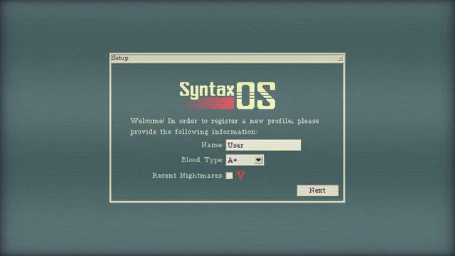 SYNTAXIA screenshot: a small character in a blood-spattered pixel-art operating room with a gurney and broken tiles