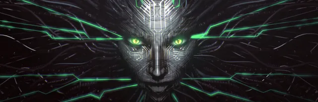 System Shock 2 remaster key art: the metallic face of the AI SHODAN with glowing green eyes and wires spreading out like hair