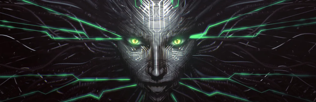 System Shock 2 remaster key art: the metallic face of the AI SHODAN with glowing green eyes and wires spreading out like hair