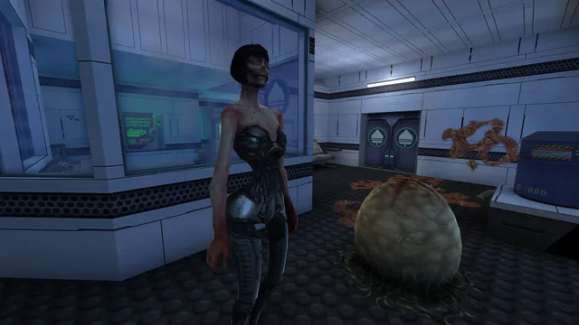 System Shock 2 remaster screenshot: a mutated woman in a dark bodysuit stands by a large egg-like growth in a blue-lit medical bay